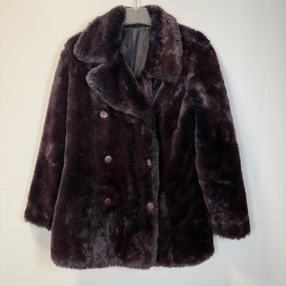 BB Dakota Pret A Porter Faux Fur Coat Brown Burgundy Double Breasted XL Vintage‎